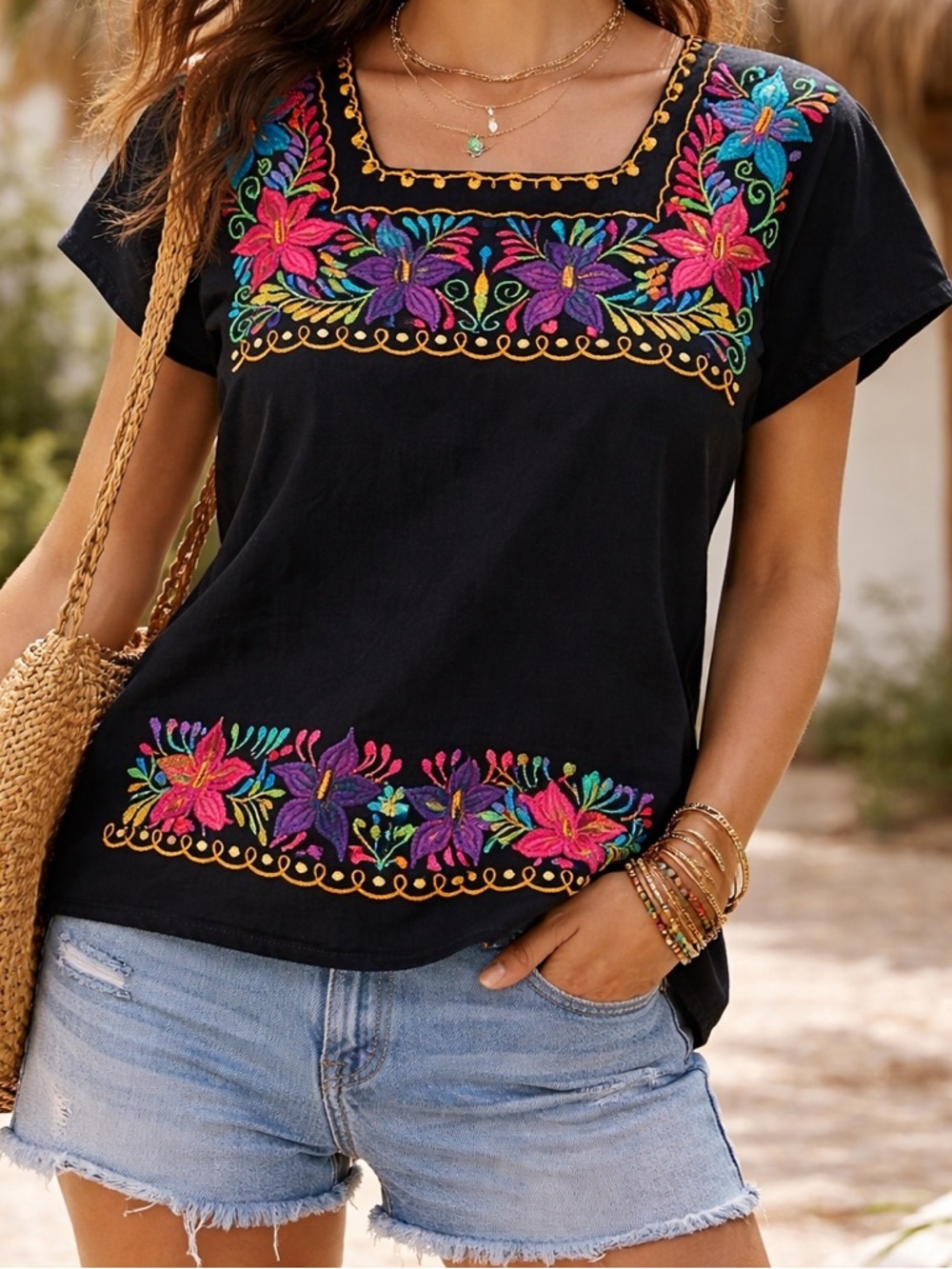 Mexican Embroidered Floral Blouse Black Boho Folk Art Top